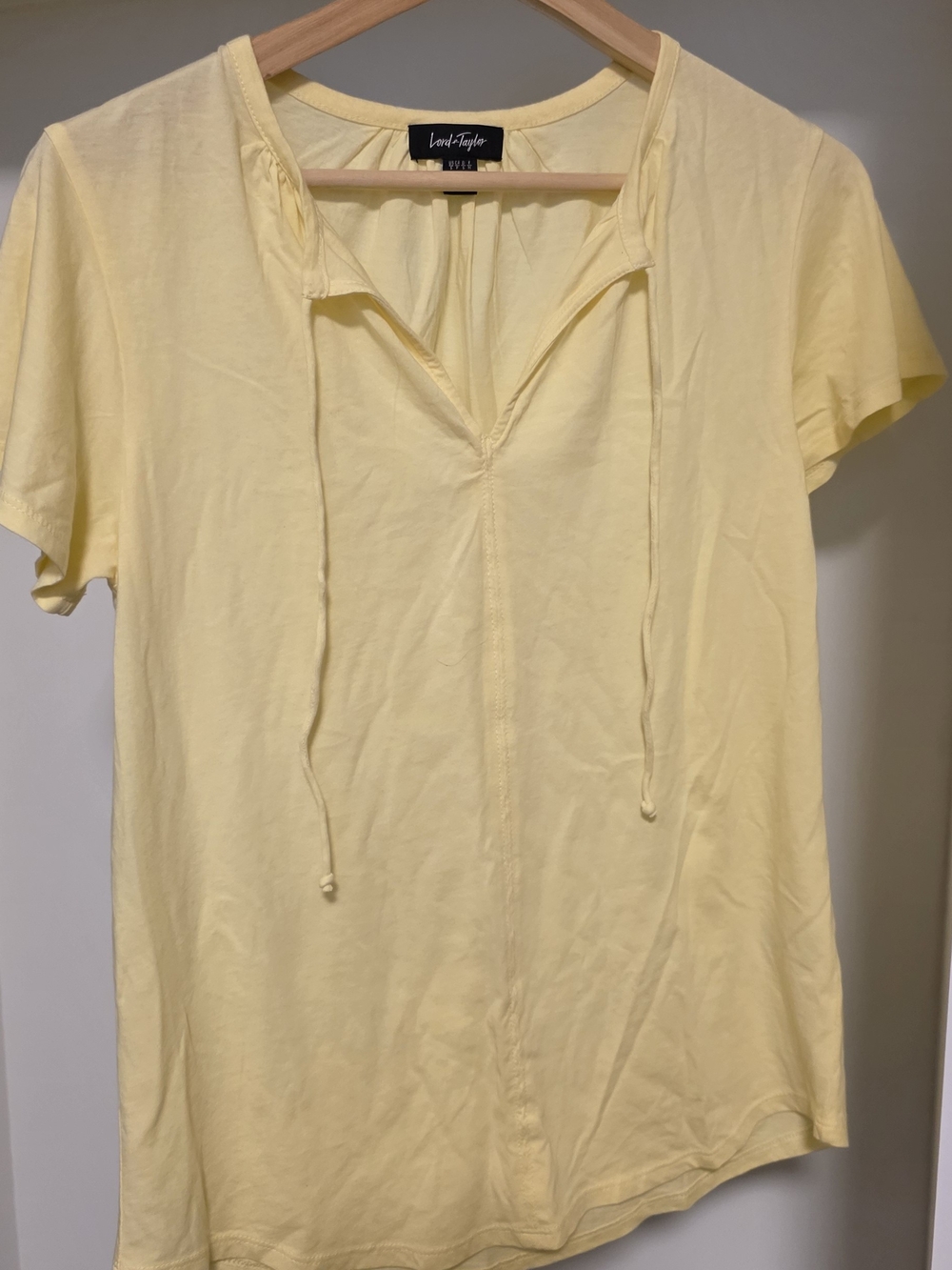 Lord & Taylor Pale Yellow V-Neck Tie Short Sleeve Top